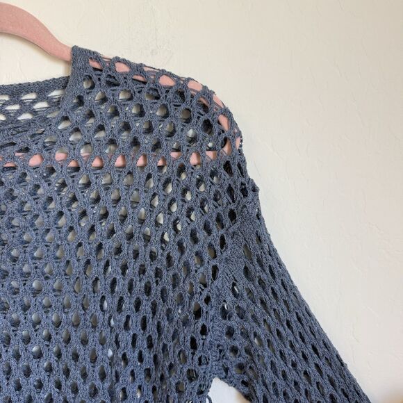 Womens Blue Open Knit Beachy Boho Bell Sleeve Sweater Size L Festival Beach - Picture 5 of 13